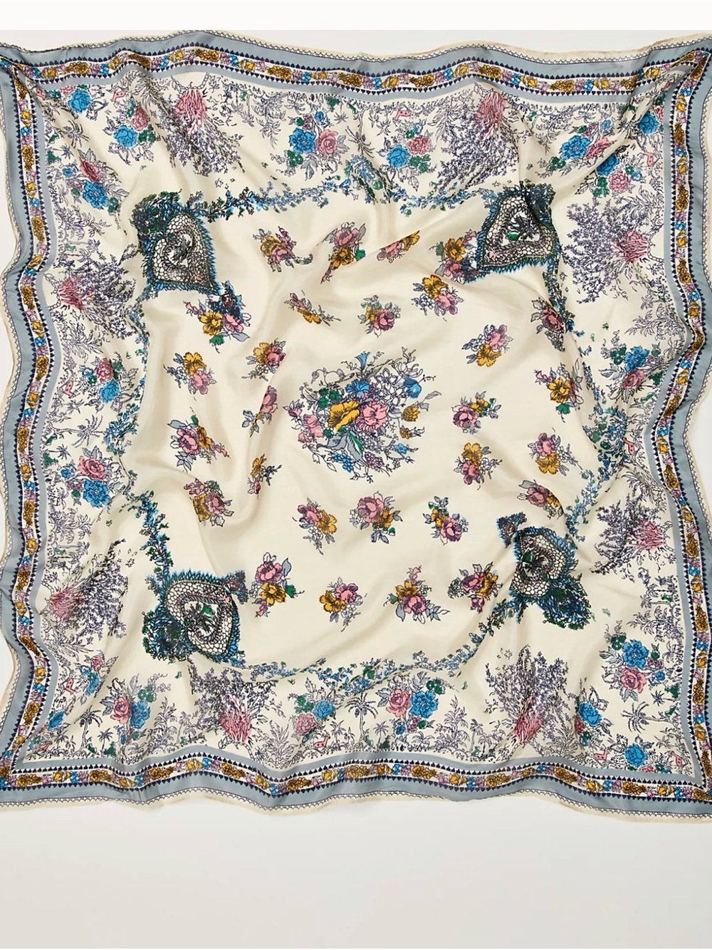 Free People Cream Floral Square Scarf with Blue Pink and Yellow Accents